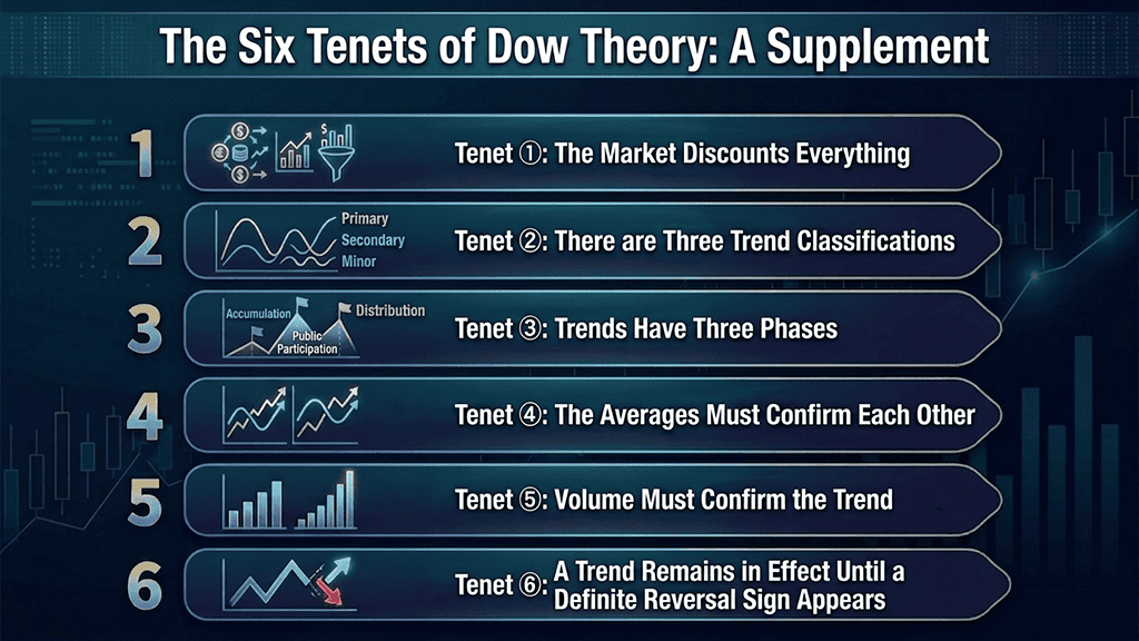 The Six Tenets of Dow Theory: A Supplement. Tenet 1: The Market Discounts Everything. 
Tenet 2: There are Three Trend Classifications (Primary, Secondary, Minor). Tenet 3: Trends Have Three Phases (Accumulation, Public Participation, Distribution). Tenet 4: The Averages Must Confirm Each Other. Tenet 5: Volume Must Confirm the Trend. Tenet 6: A Trend Remains in Effect Until a Definite Reversal Sign Appears.
