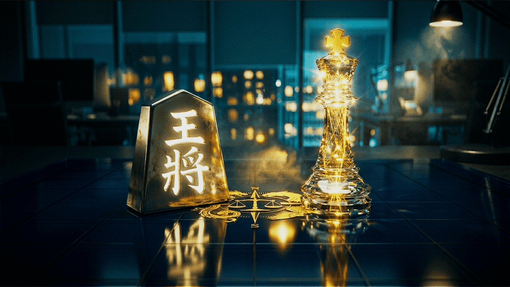 チェス盤の上に銀色に輝く将棋の王将、ガラス製で光り輝くチェスのキングが横並びで並んでいる。国内FXと海外FXを表してる
