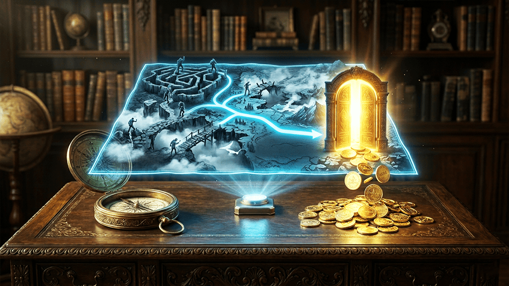 An illustration explaining the mechanism of a Forex Prop Firm. In an antique study, a compass and a hologram projected from a device show the 'Third Path (Golden Gate)' leading to success, distinct from the difficult Retail FX and Offshore FX (mazes and hazards). Gold coins symbolizing wealth are overflowing from the gate.