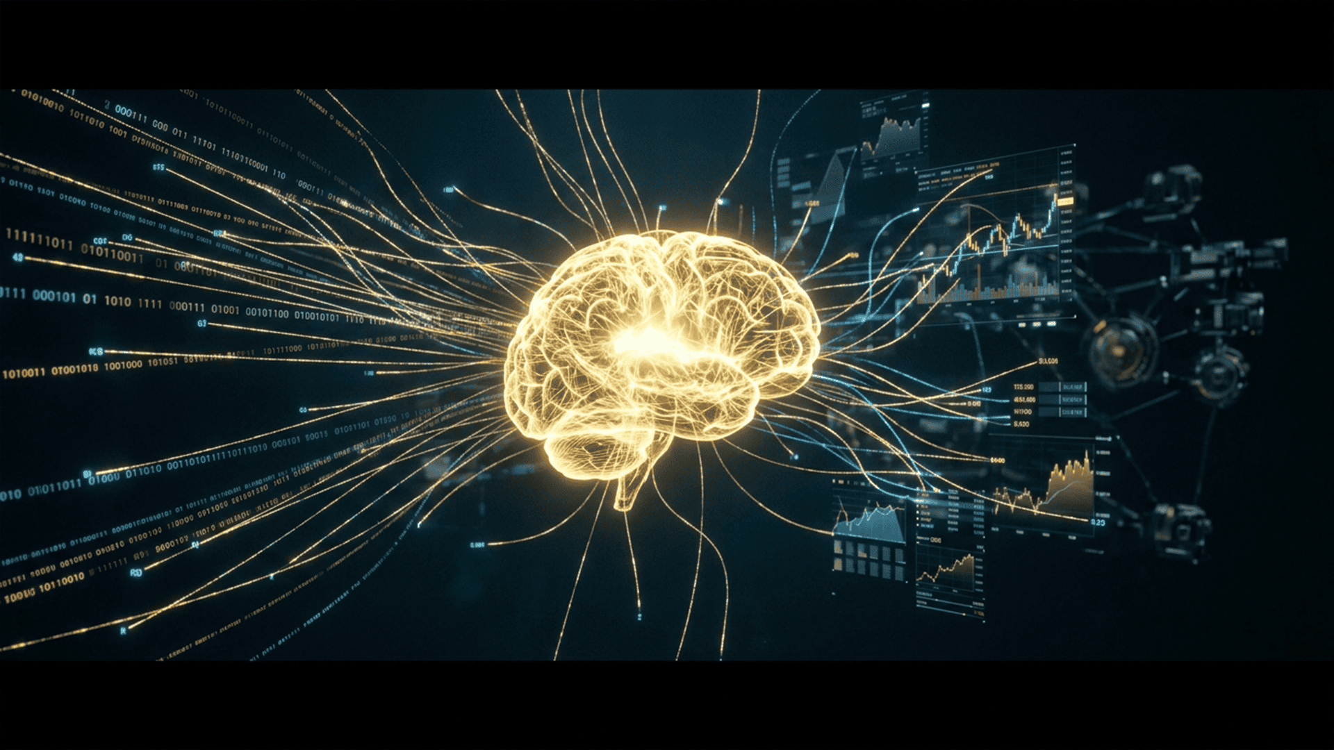 A cyberpunk-style illustration of a glowing golden human brain network, representing the intuition and adaptive thinking of a human trader against AI.