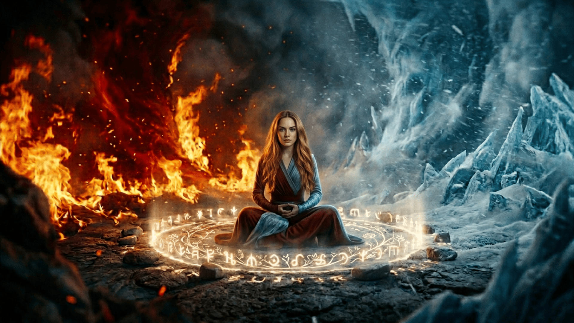 A metaphorical image of a trader meditating between fire and ice, symbolizing extreme emotional discipline and psychological control in discretionary trading.