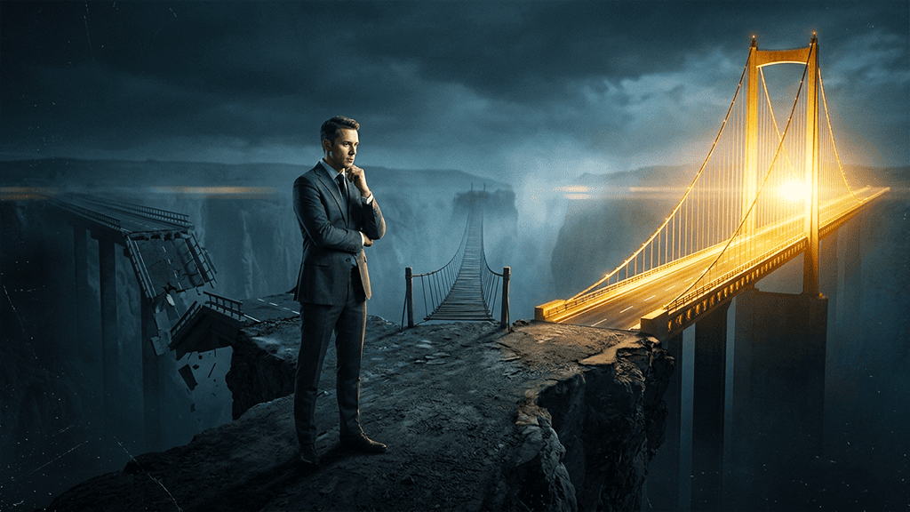 A comparison image of a businessman trader making a decision on a cliff facing multiple paths (bridges) representing typical Retail FX, High-Leverage Offshore FX, and Fintokei. Unstable suspension bridges and collapsed bridges are contrasted with a shining, modern highway bridge.