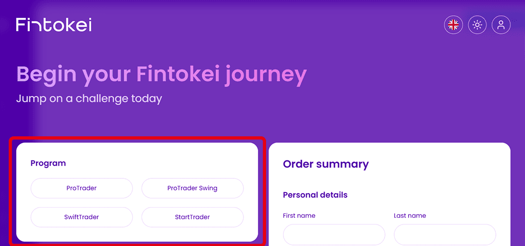 Fintokei's application form. The purchase procedure screen showing plan type selection items (ProTrader, SwiftTrader, etc.) and personal information entry fields.