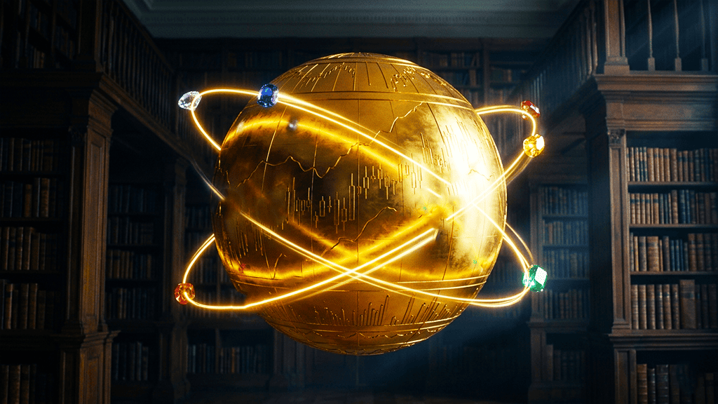 Against the backdrop of a grand antique library, a golden sphere engraved with market charts (Fintokei's platform) floats. Around it, diverse trading plans (jewels radiating unique brilliance) orbit drawing their own paths of light (strategies), visually representing all plans and their detailed values comprehensively.