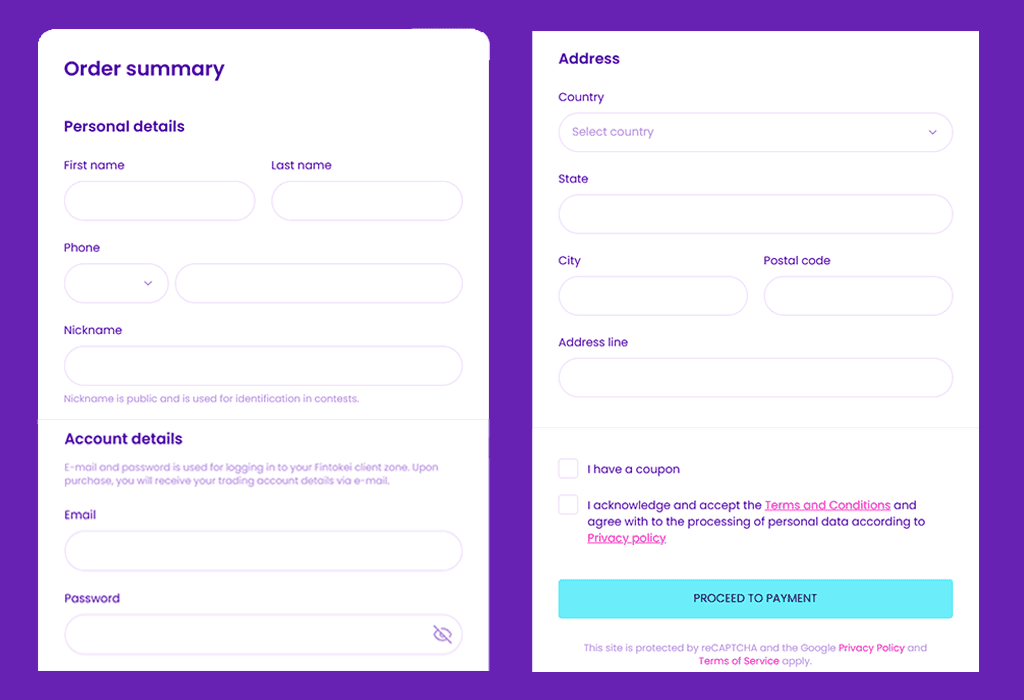 The buyer information entry form of Fintokei's application form. The purchase procedure screen showing selection items and entry fields for name, email address, and address.