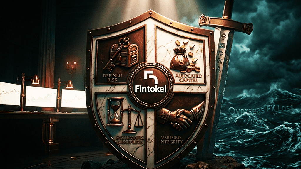 An image of a defensive shield and sword with the Fintokei logo protecting a trading desk from a stormy sea, symbolizing Fintokei's overwhelming advantages and 4 benefits. Symbols representing the 4 benefits are depicted on the shield.