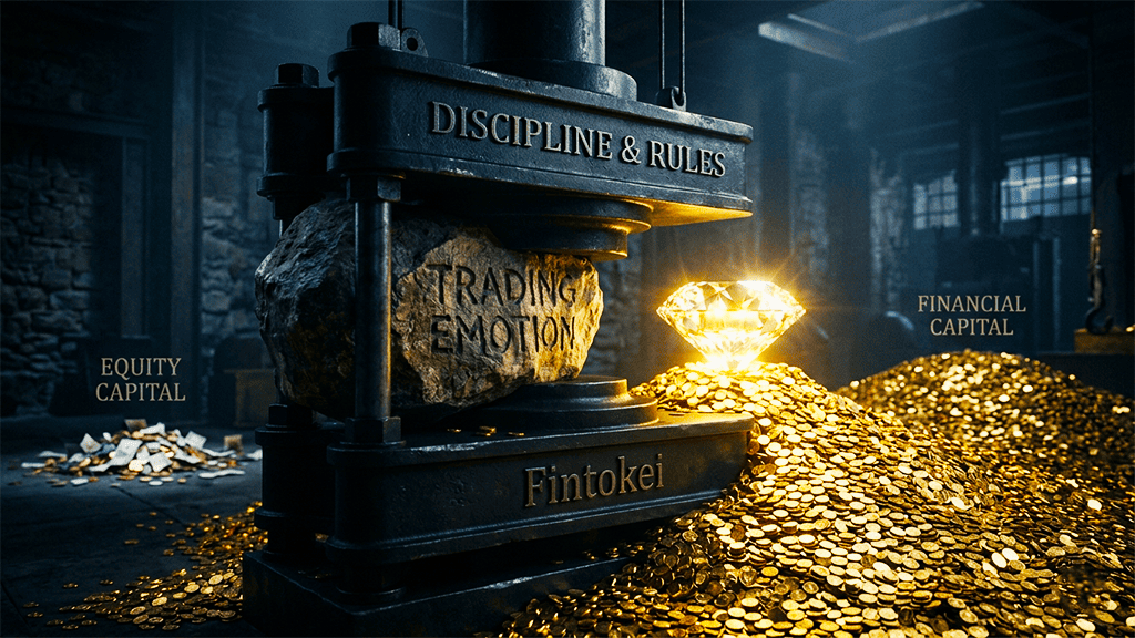 Fintokei's press machine crushing 'trading emotions' with 'discipline and rules' to forge a diamond on top of a massive pile of gold coins. A symbol of profit maximization through disciplined prop trading.